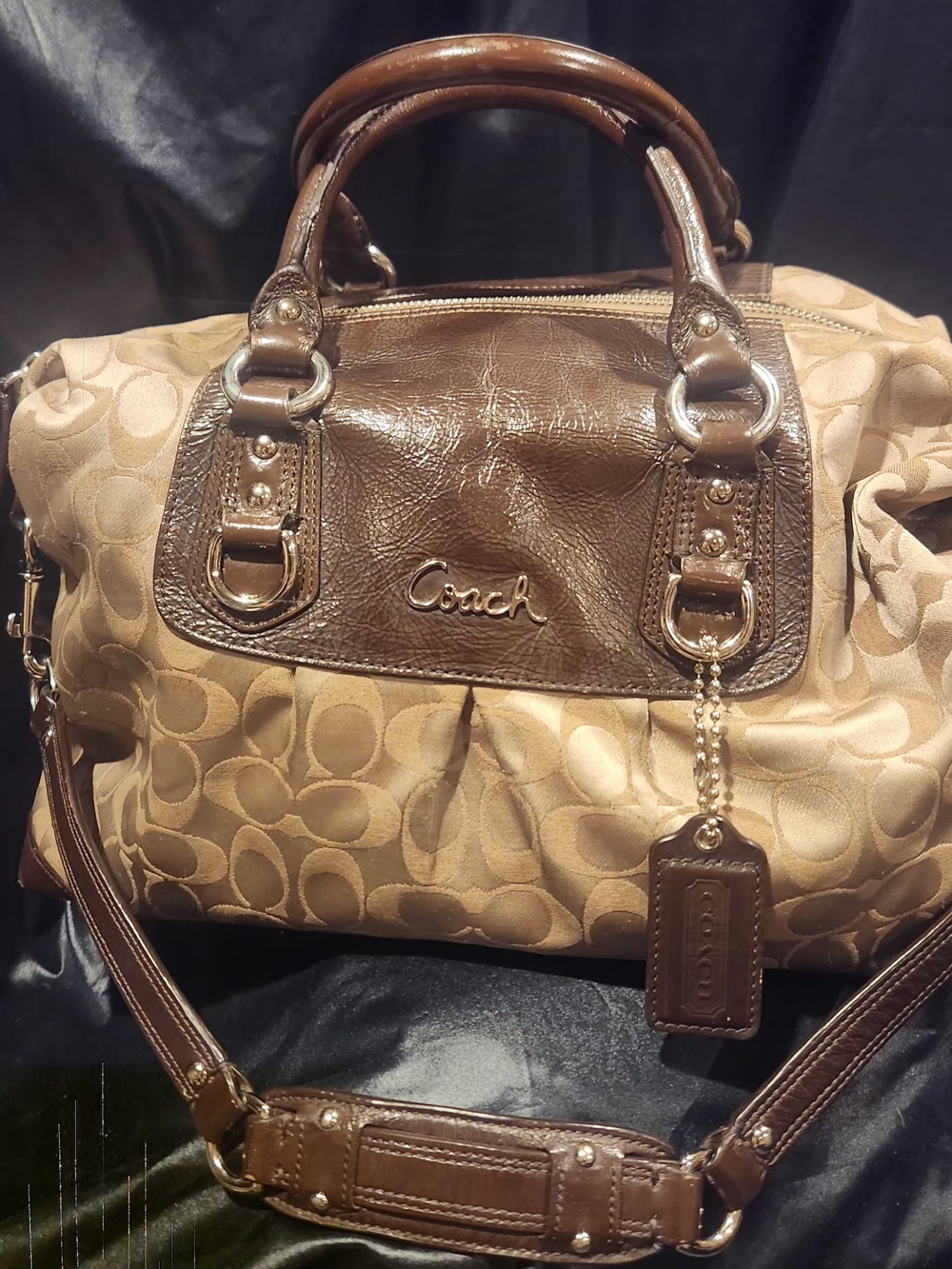 Vintage Coach Ashley Signature C Sateen Satchel in Khaki&mahogany Colorway